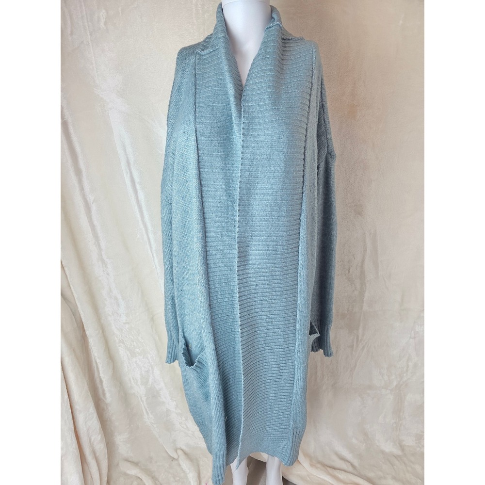 Nine West Longline Cardigan Sweater Light Blue Shawl‎ Collar Pockets Size L